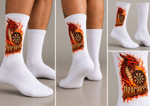 Calcetines altos de dardos Dracarys blancos con el dragón en llamas, puestos y en detalle