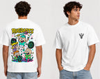 Camiseta de dardos Rugdarts blanca: logo de CIERVAS delante y el diseño de bebés con dardos detrás