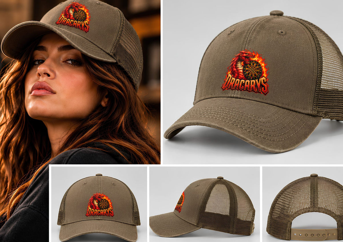Gorra trucker de dardos Dracarys marrón con el dragón en el frontal, puesta y vista desde varios ángulos