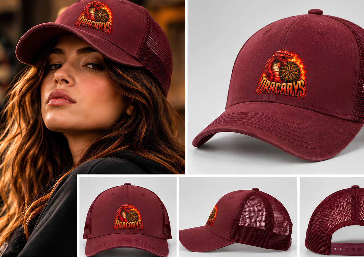 Gorra trucker de dardos Dracarys burdeos con el dragón en el frontal, puesta y vista desde varios ángulos