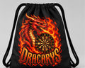 Mochila de cuerda de dardos Dracarys negra con el dragón en llamas y la diana