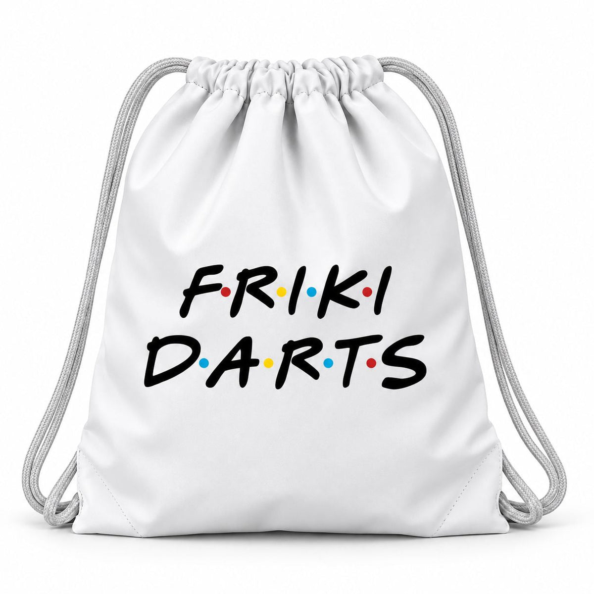 Mochila de cuerda de dardos Friki Darts blanca con el logotipo de colores
