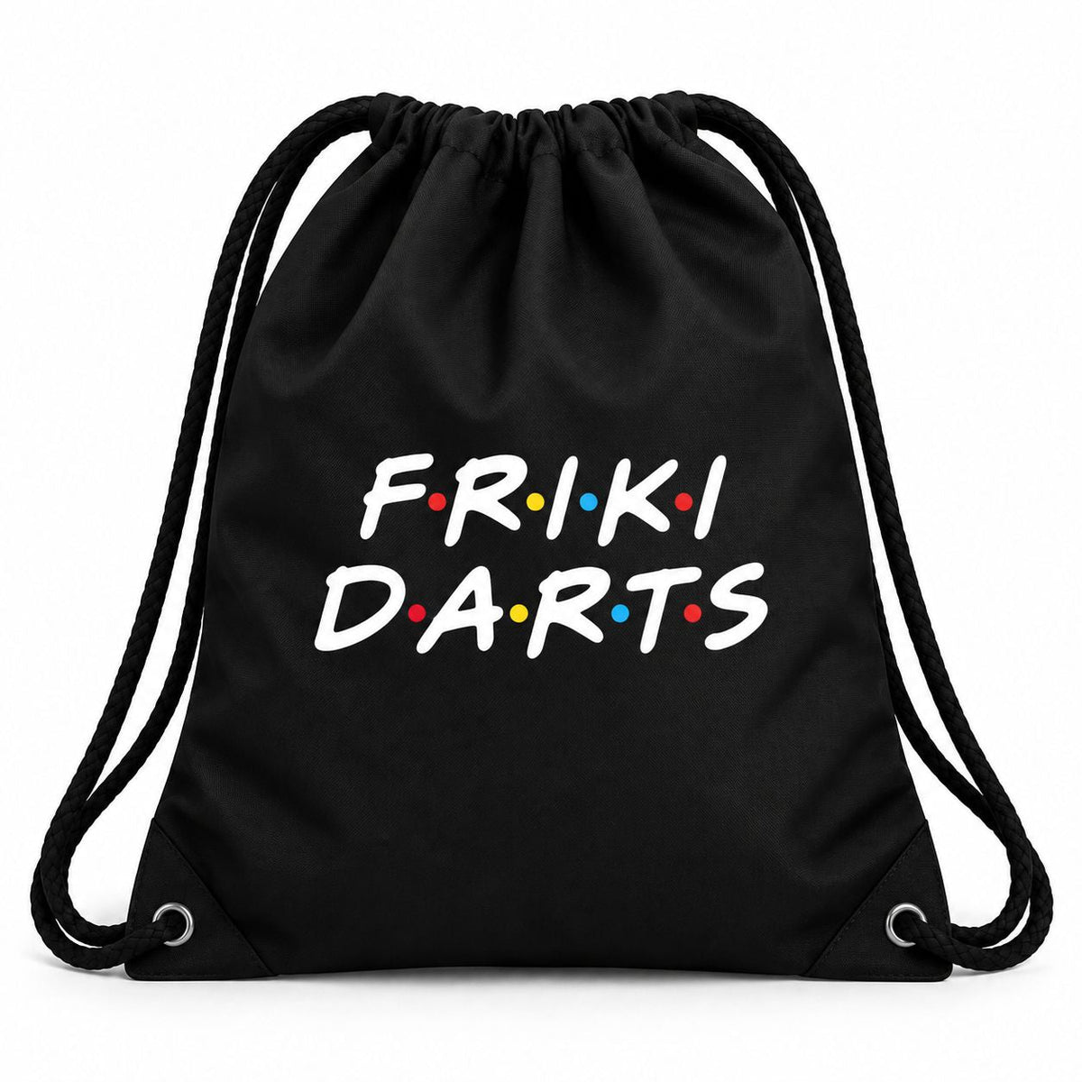 Mochila de cuerda de dardos Friki Darts negra con el logotipo en blanco y colores