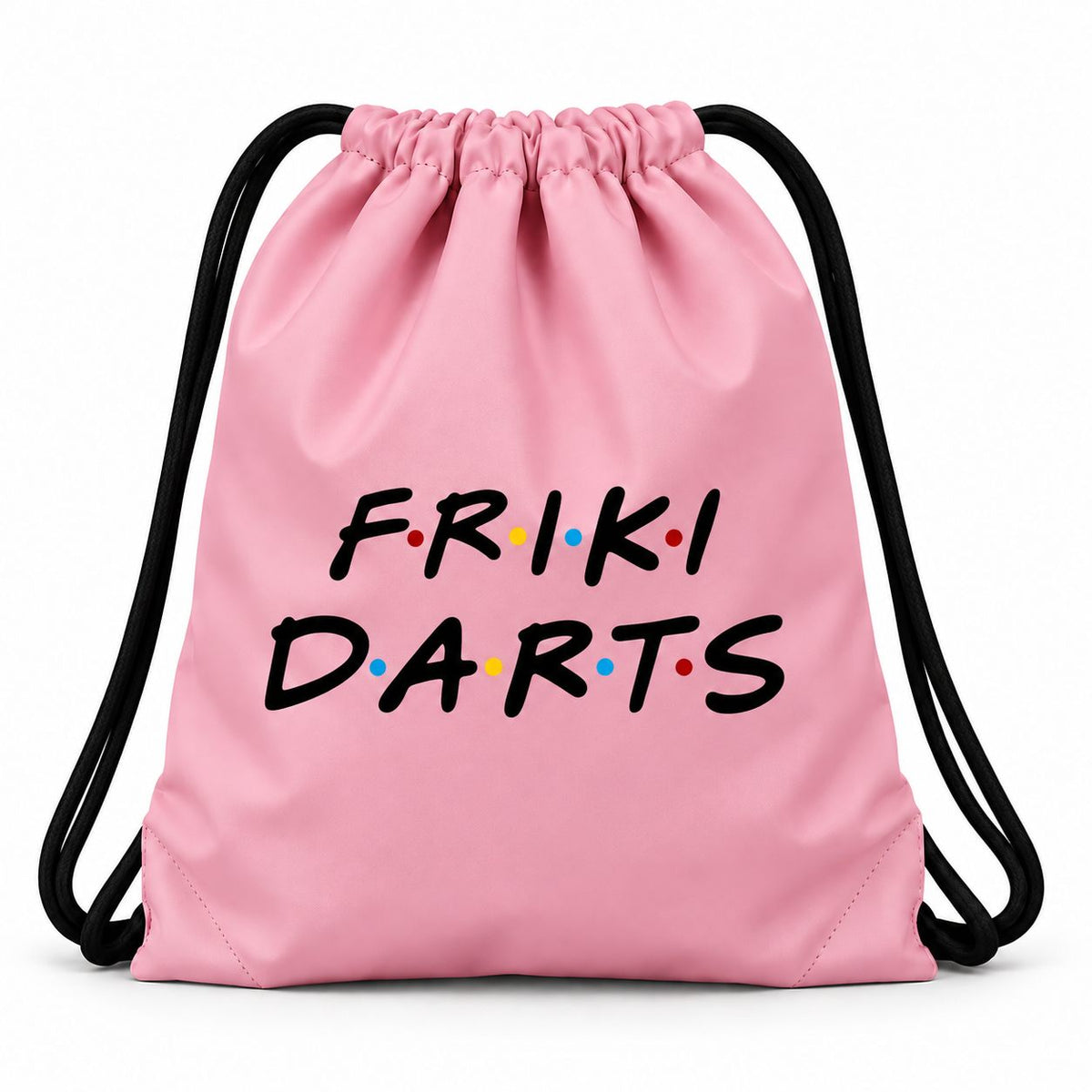 Mochila de cuerda de dardos Friki Darts rosa con el logotipo de colores