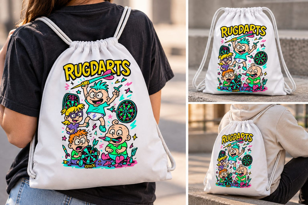 Mochila de cuerda de dardos Rugdarts blanca, a la espalda y sobre un escalón