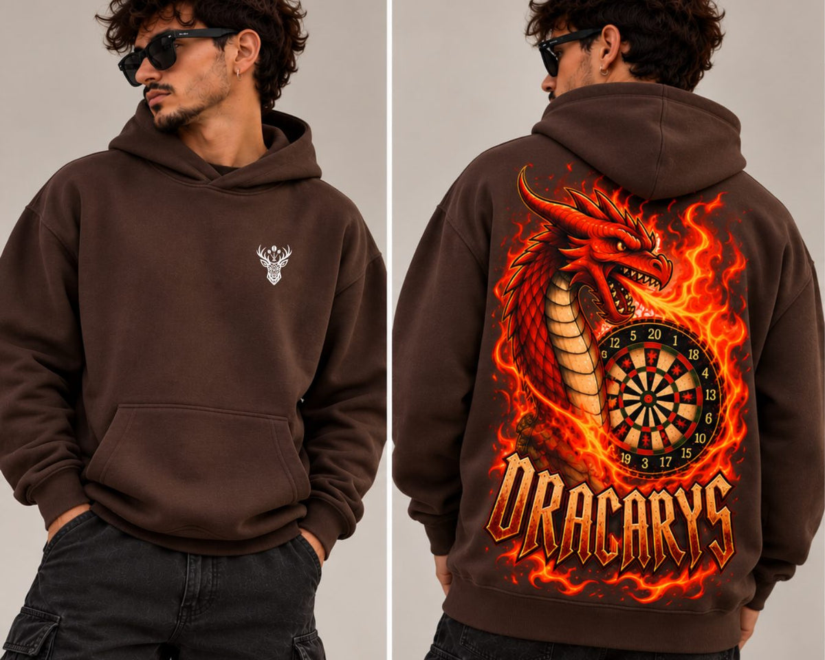 Sudadera oversize de dardos Dracarys color chocolate, delante con el ciervo y detrás con el dragón en llamas y la diana