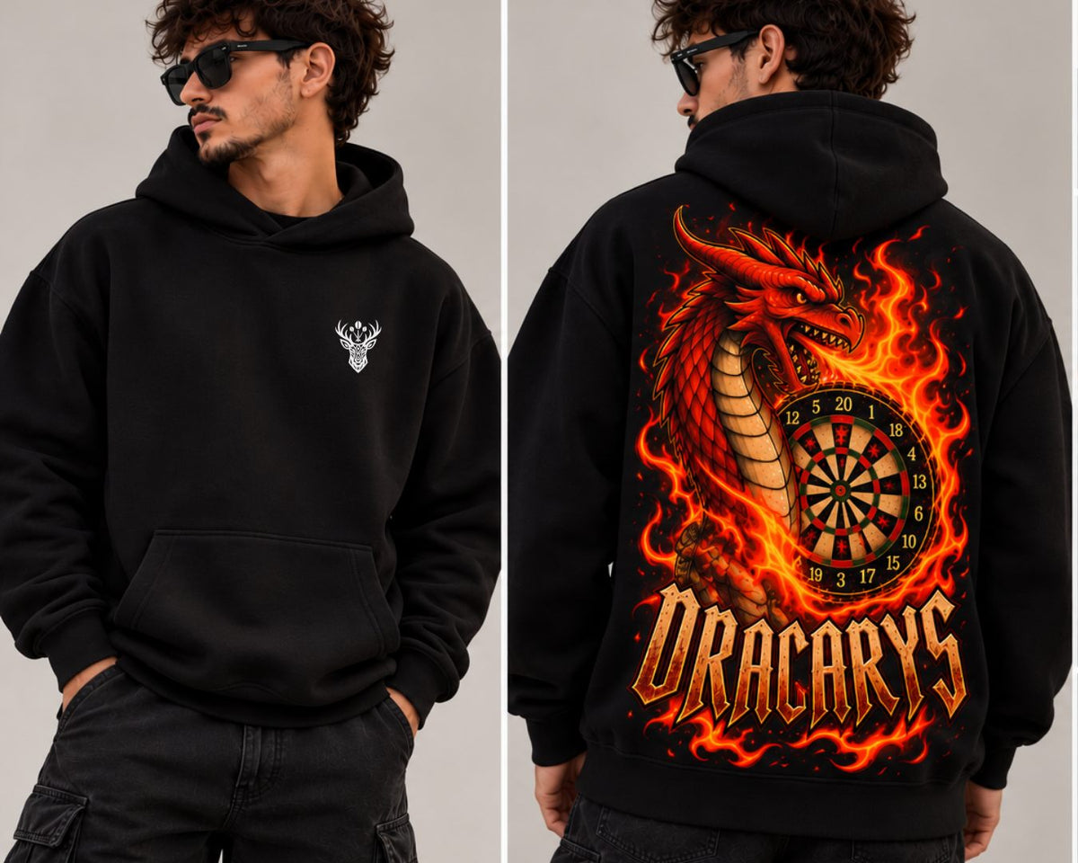 Sudadera oversize de dardos Dracarys negra, delante con el ciervo y detrás con el dragón en llamas y la diana