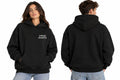 Sudadera oversize de dardos Friki Darts negra con el logotipo en el pecho, vista de frente y de espalda