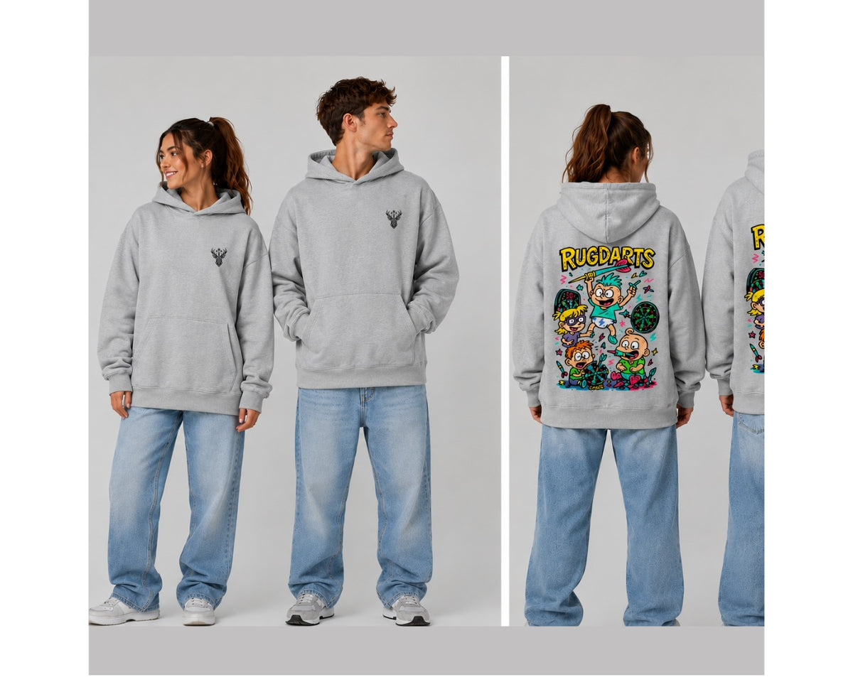 Sudadera oversize de dardos Rugdarts plateada: logo de CIERVAS delante y el diseño de bebés con dardos detrás