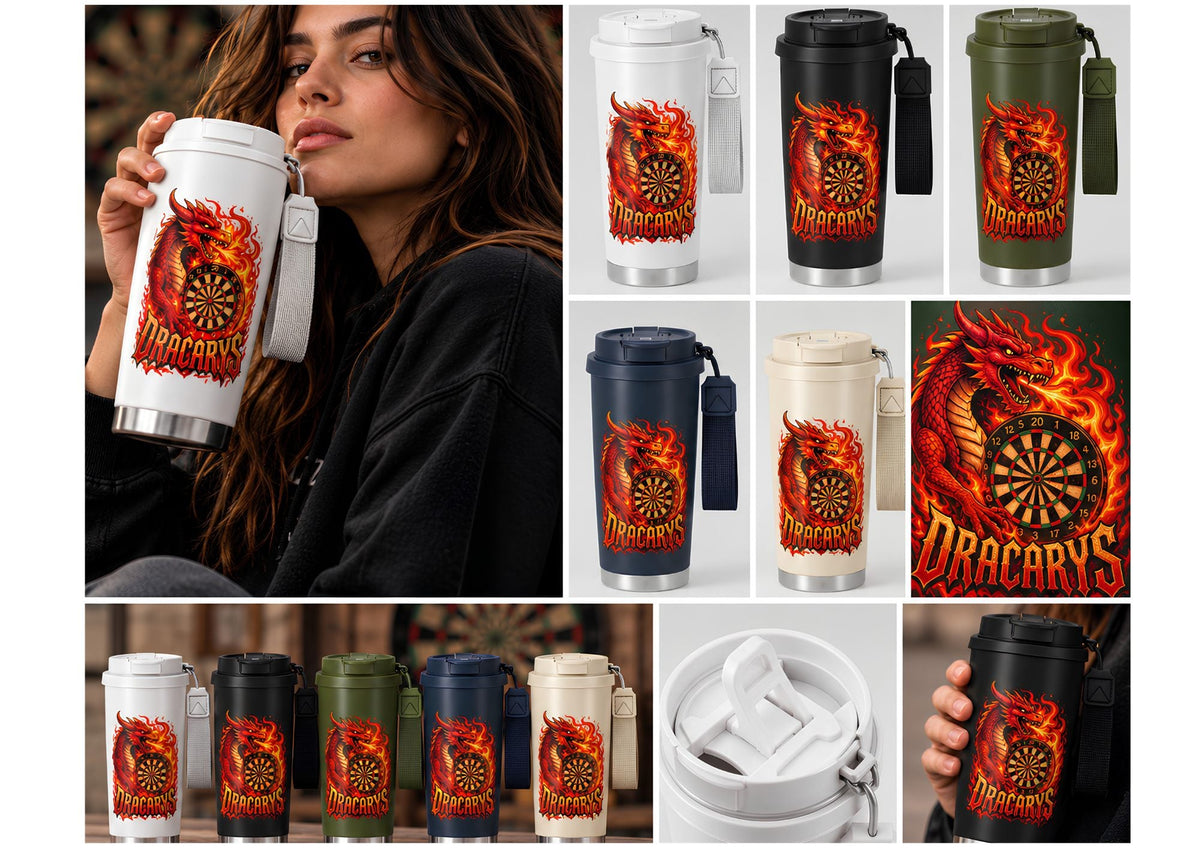 Termo de dardos Dracarys de 500 ml con correa en blanco, negro, verde militar, azul marino y beige