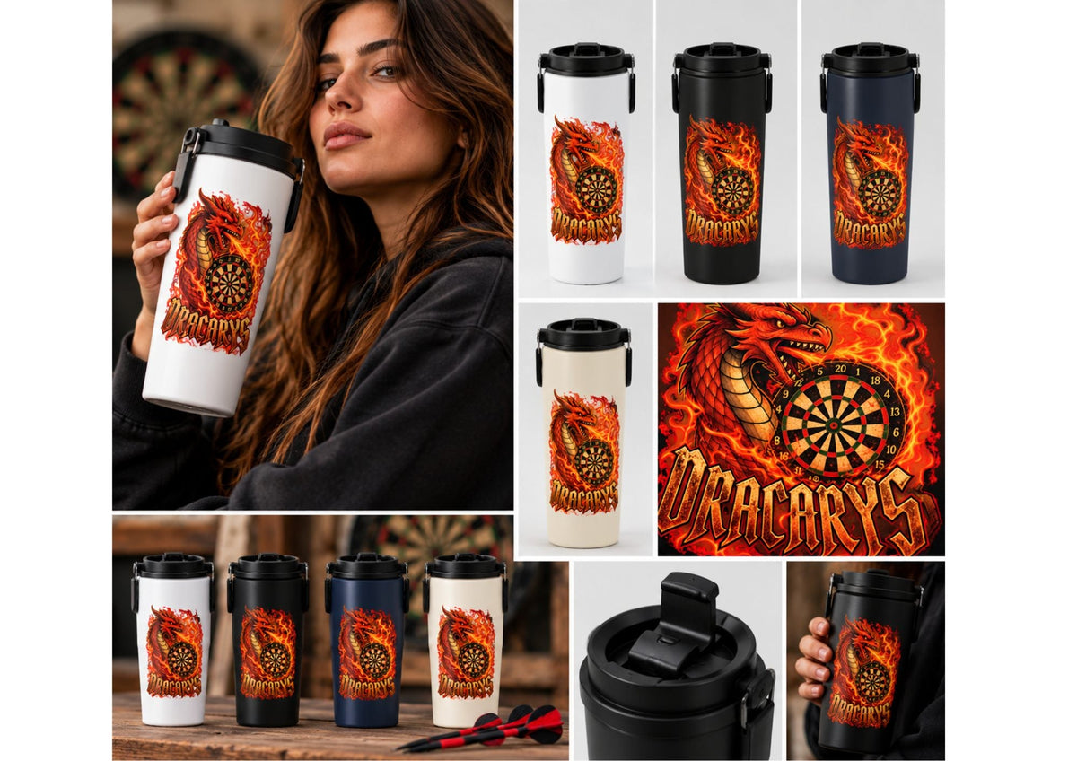 Termo de dardos Dracarys de 900 ml con asa en blanco, negro, azul marino y beige
