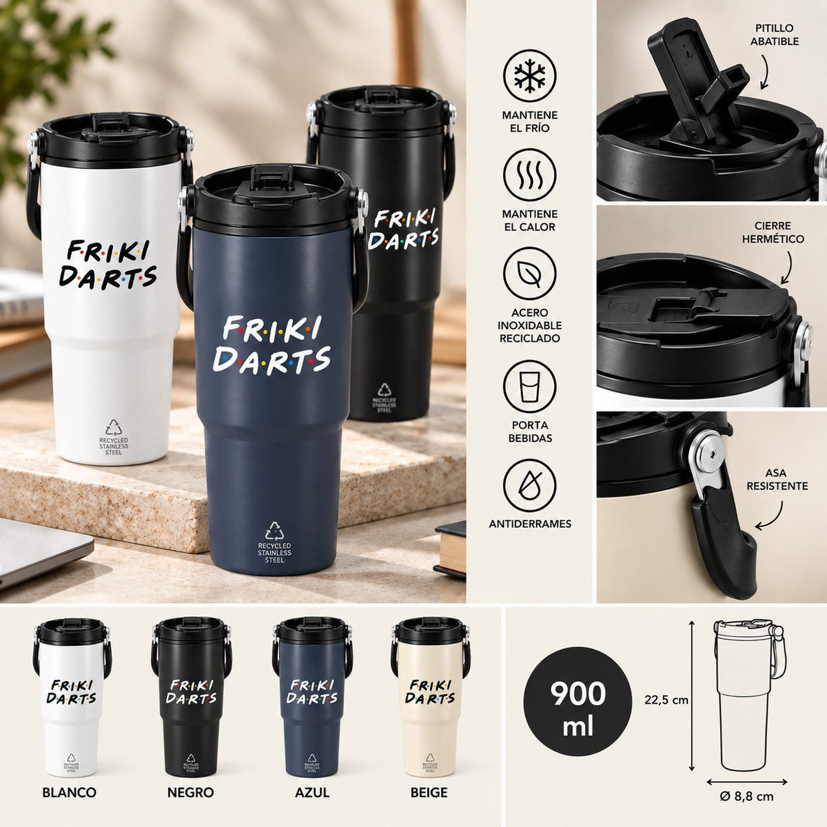 Termo de dardos Friki Darts de 900 ml en blanco, negro, azul marino y beige, con sus características y medidas
