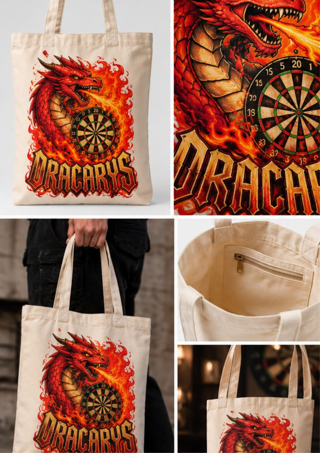 Tote bag de dardos Dracarys en color crudo: vista delantera, detalle del dragón y bolsillo interior con cremallera