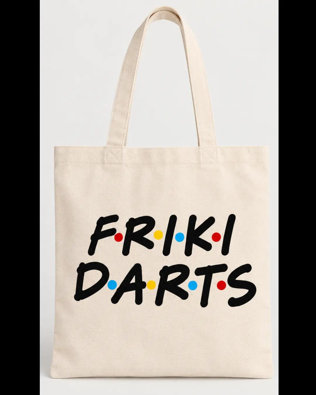 Tote bag de dardos Friki Darts en color crudo con el logotipo de colores