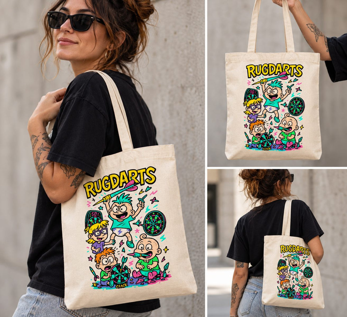Tote bag de dardos Rugdarts en color crudo, colgada y al hombro